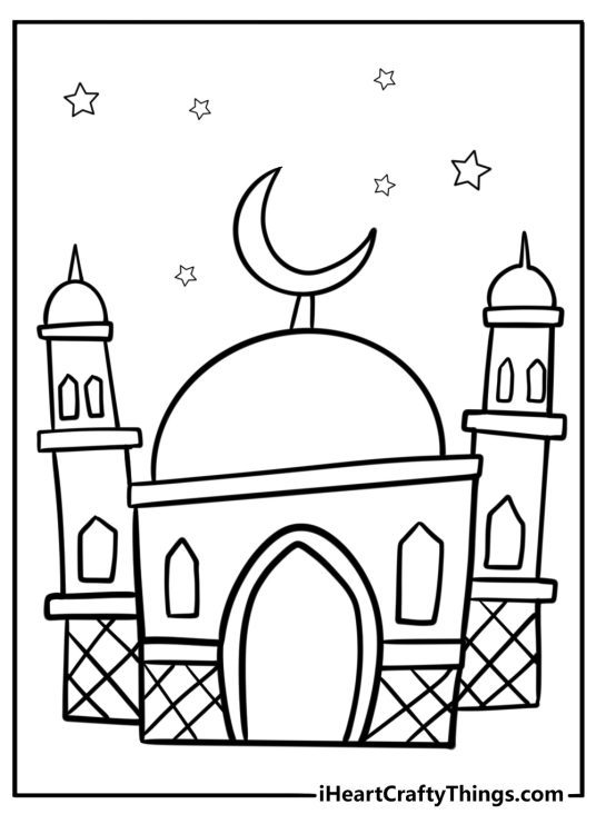 A mosque with crescent moon and stars coloring page for kids