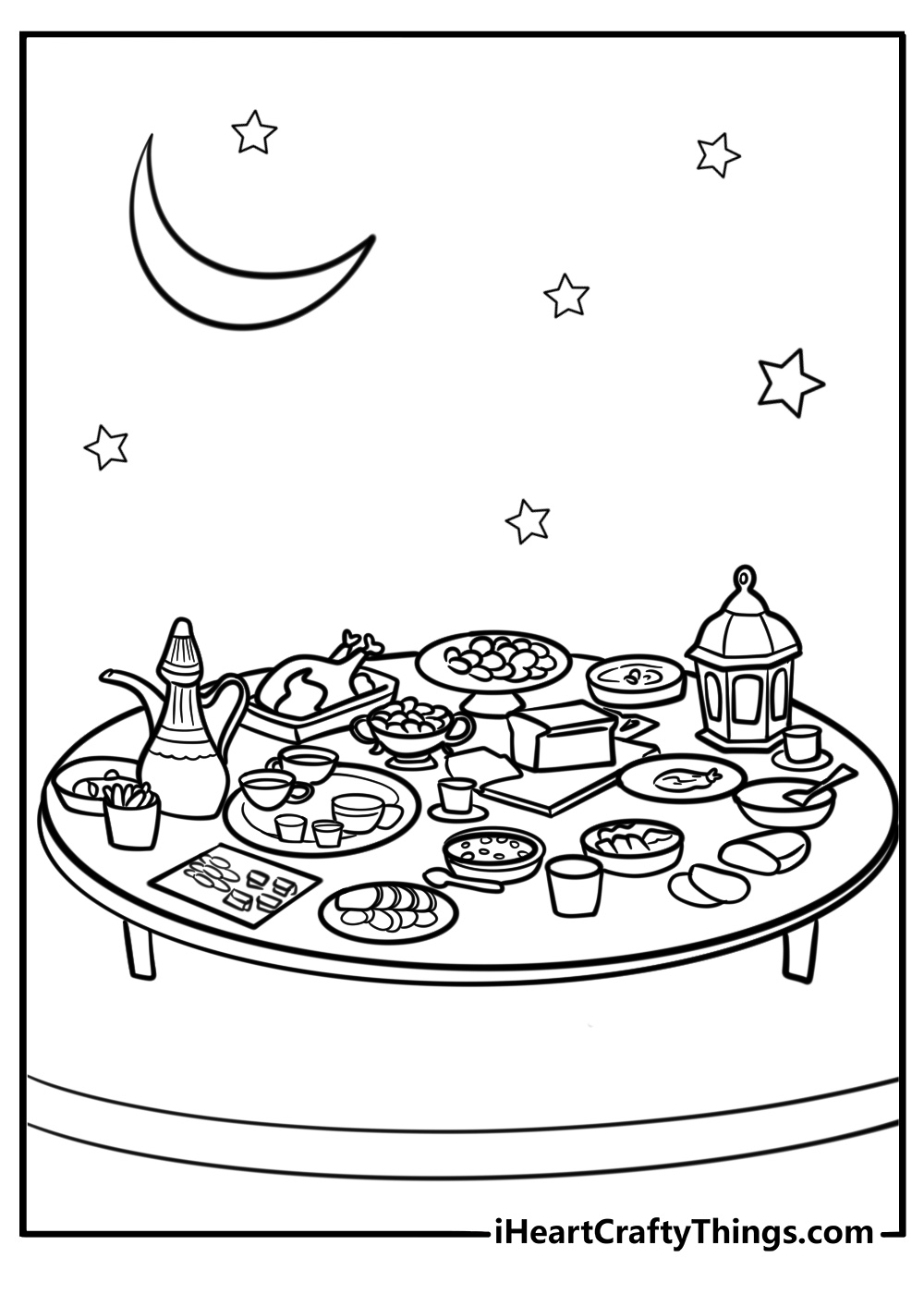 A ramadan iftar table with food and drinks free printable coloring page