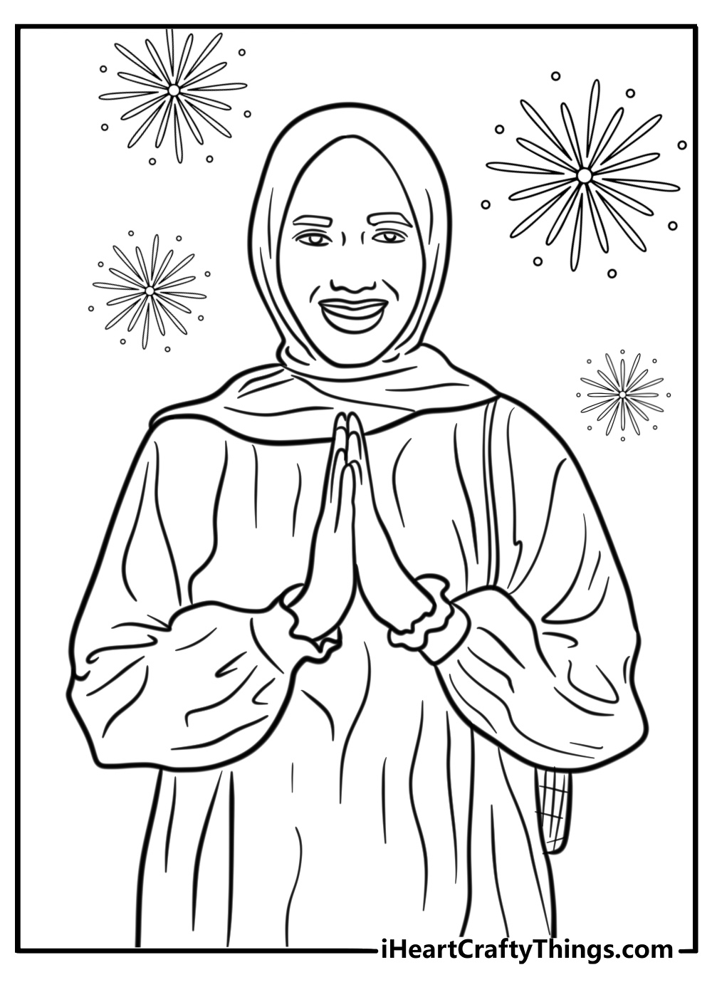 A woman wearing a hijab celebrating eid detailed coloring sheet