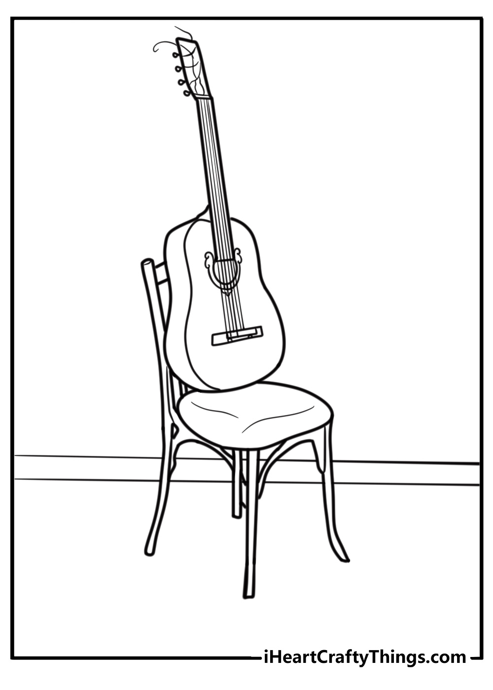 Acoustic guitar leaning on a chair coloring page