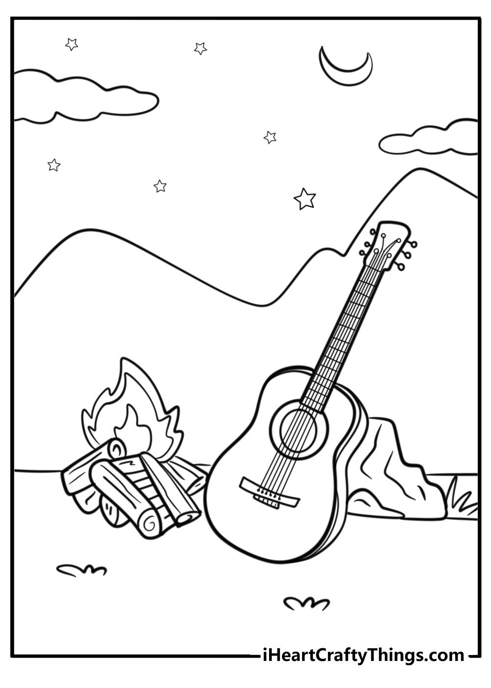 Acoustic guitar next to a campfire free printable coloring page