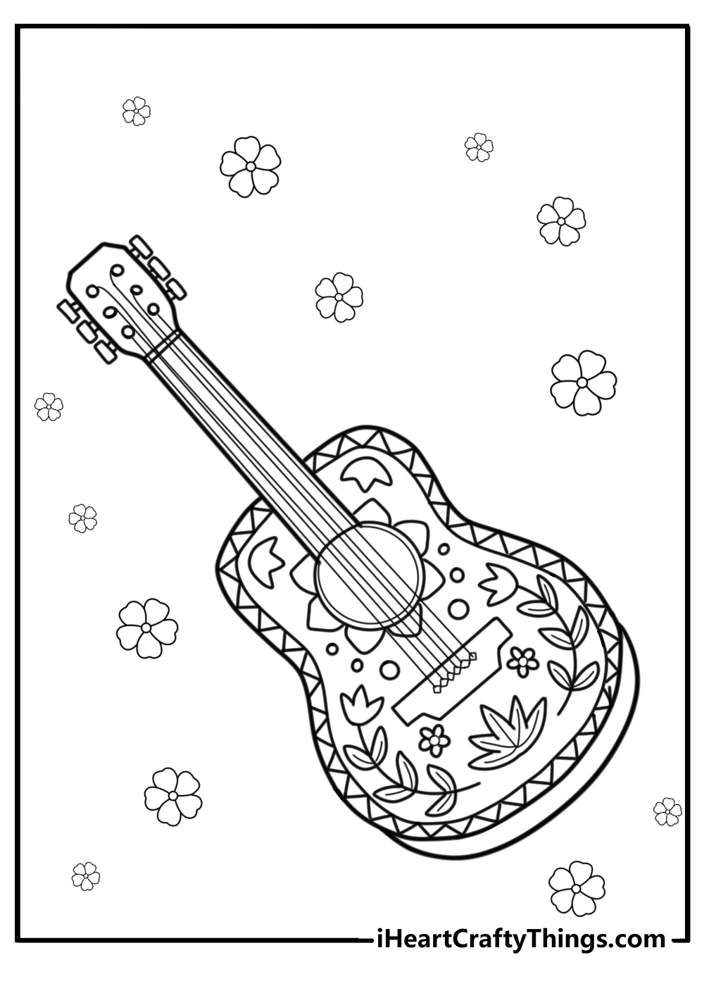 Acoustic guitar with floral decorations coloring page