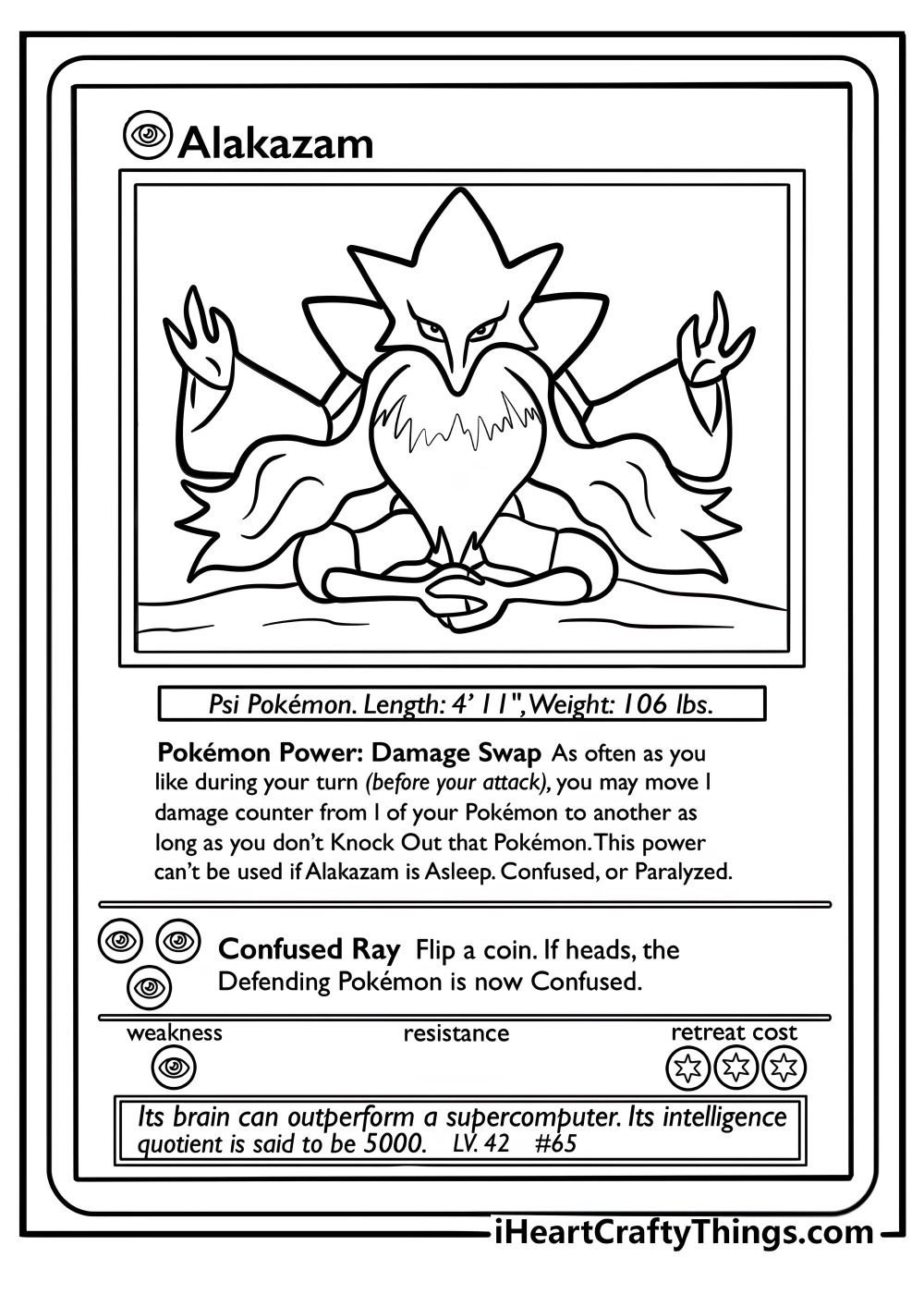 Alakazam pokemon card holding spoons with psychic energy coloring page