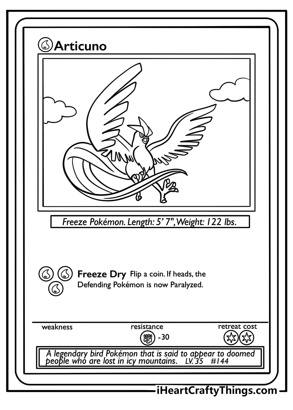 Articuno pokemon card with icy winds coloring sheet