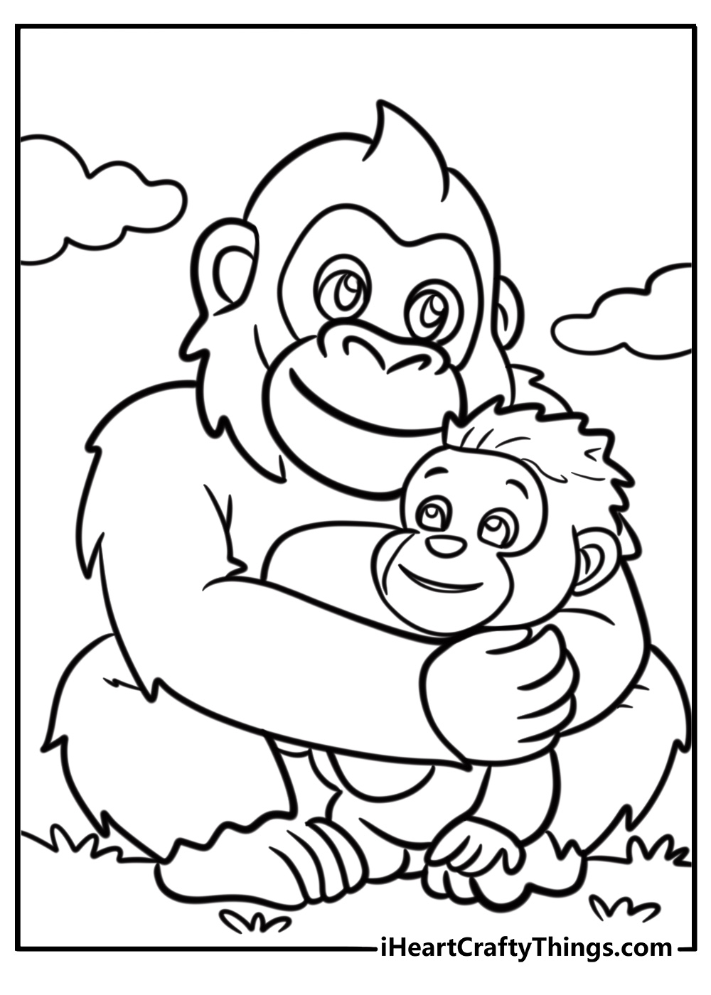 Baby gorilla cuddling with mother free printable page