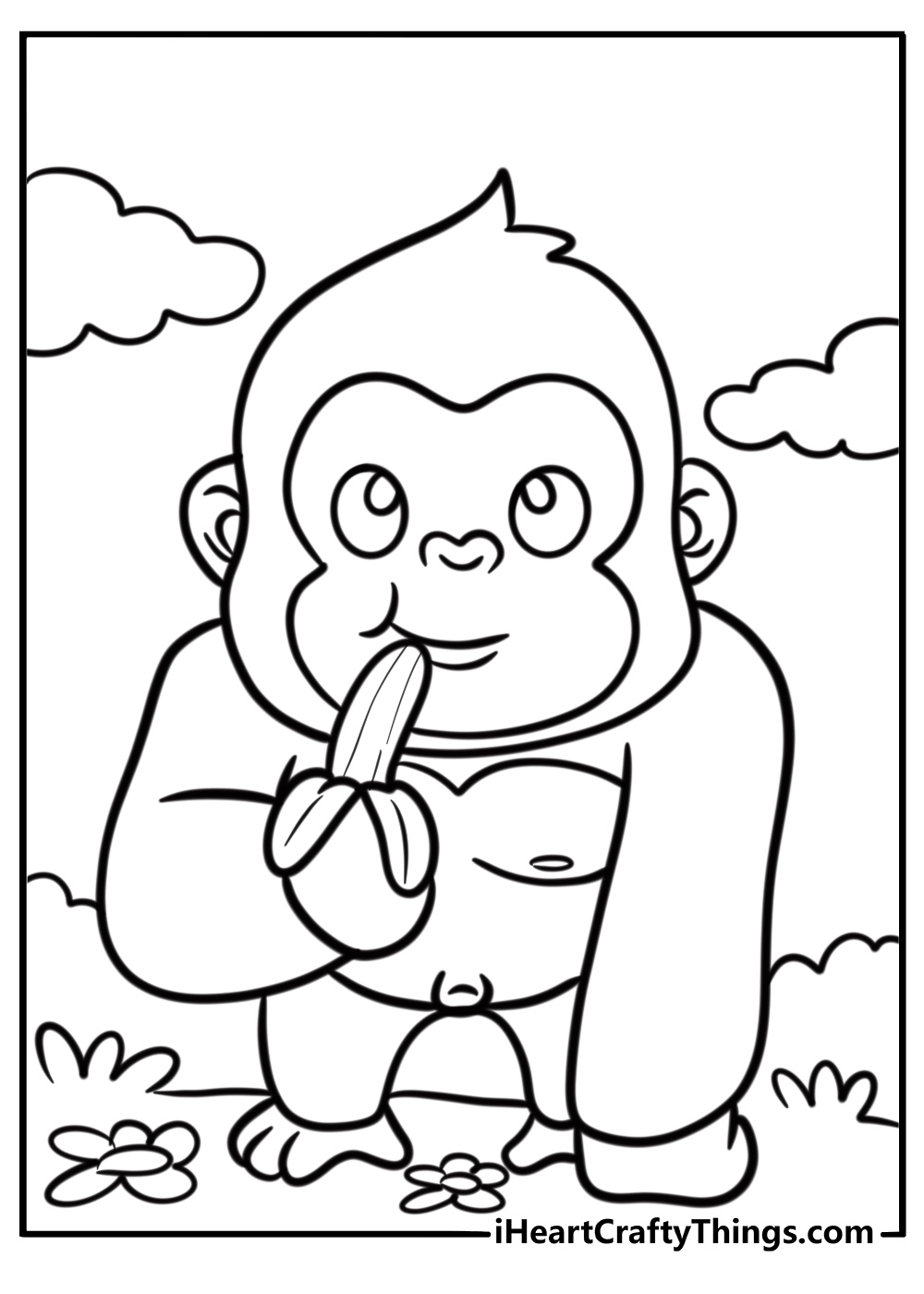 Baby gorilla holding a banana fun coloring sheet