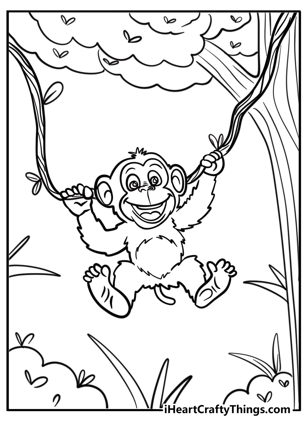 Baby gorilla swinging on vines free printable sheet