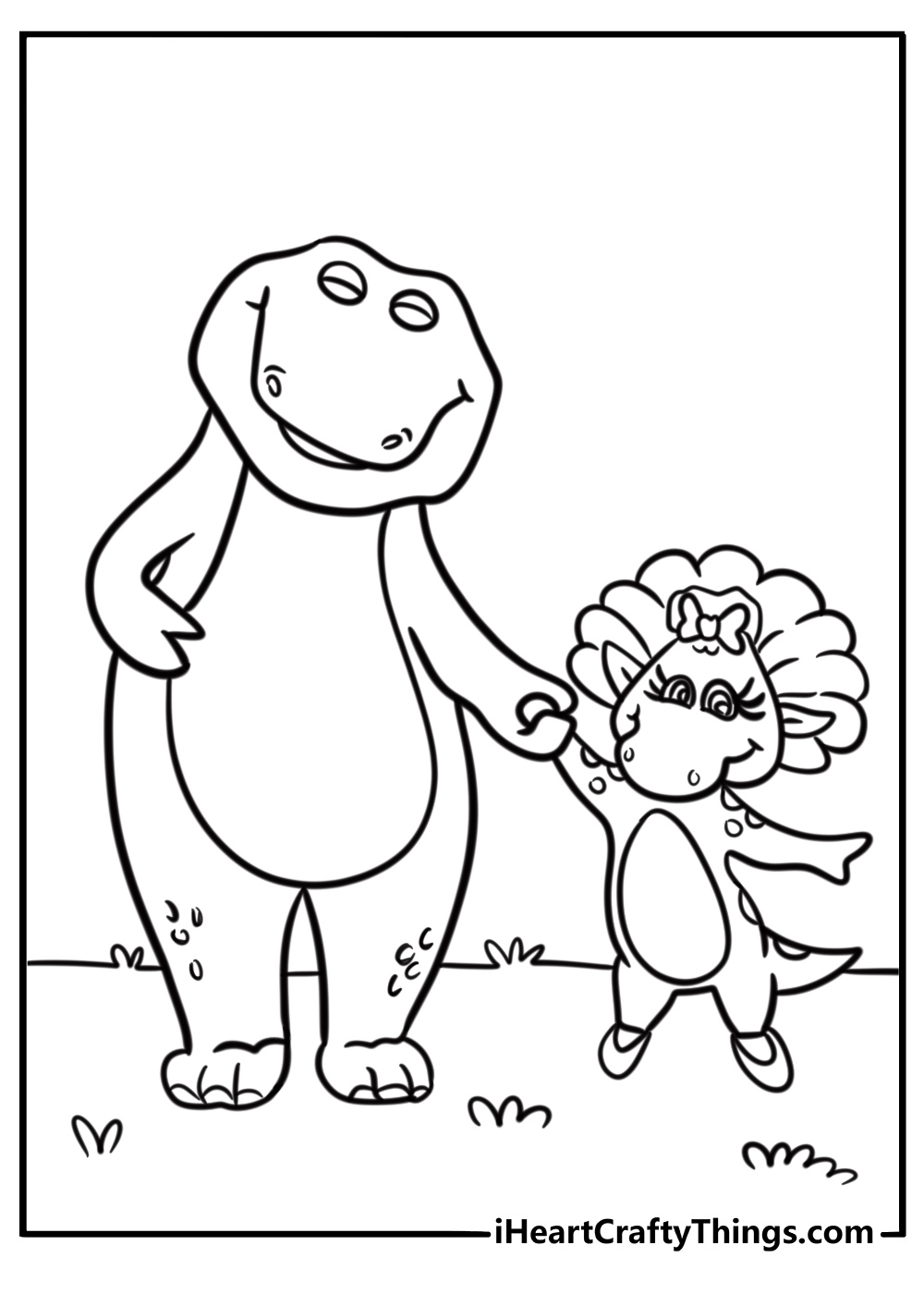 Barney and baby bop holding hands free coloring page pdf