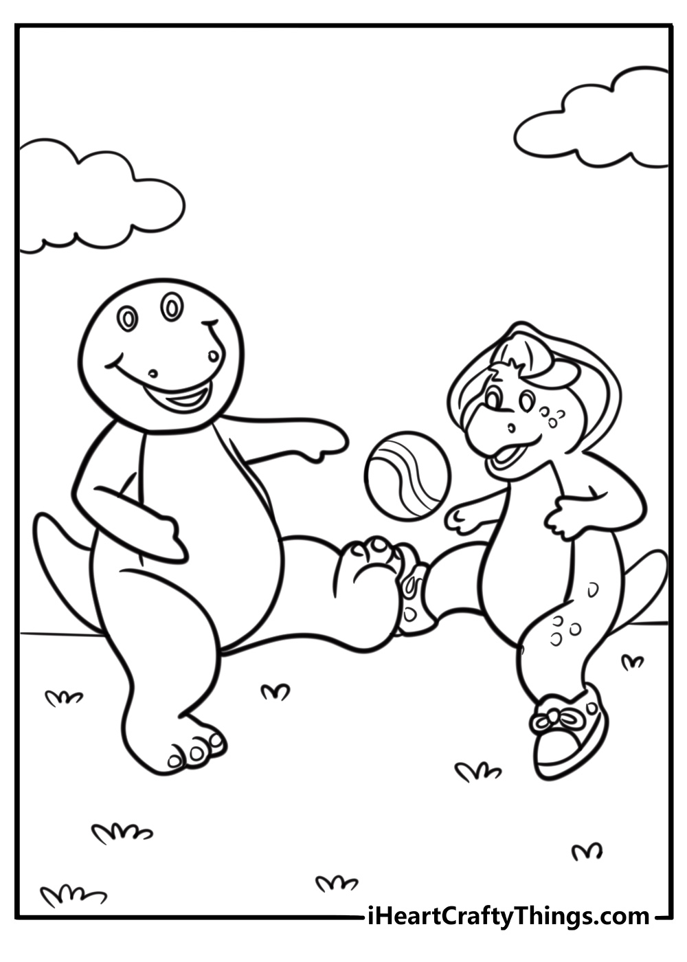 Barney and BJ playing with a ball coloring page for kids