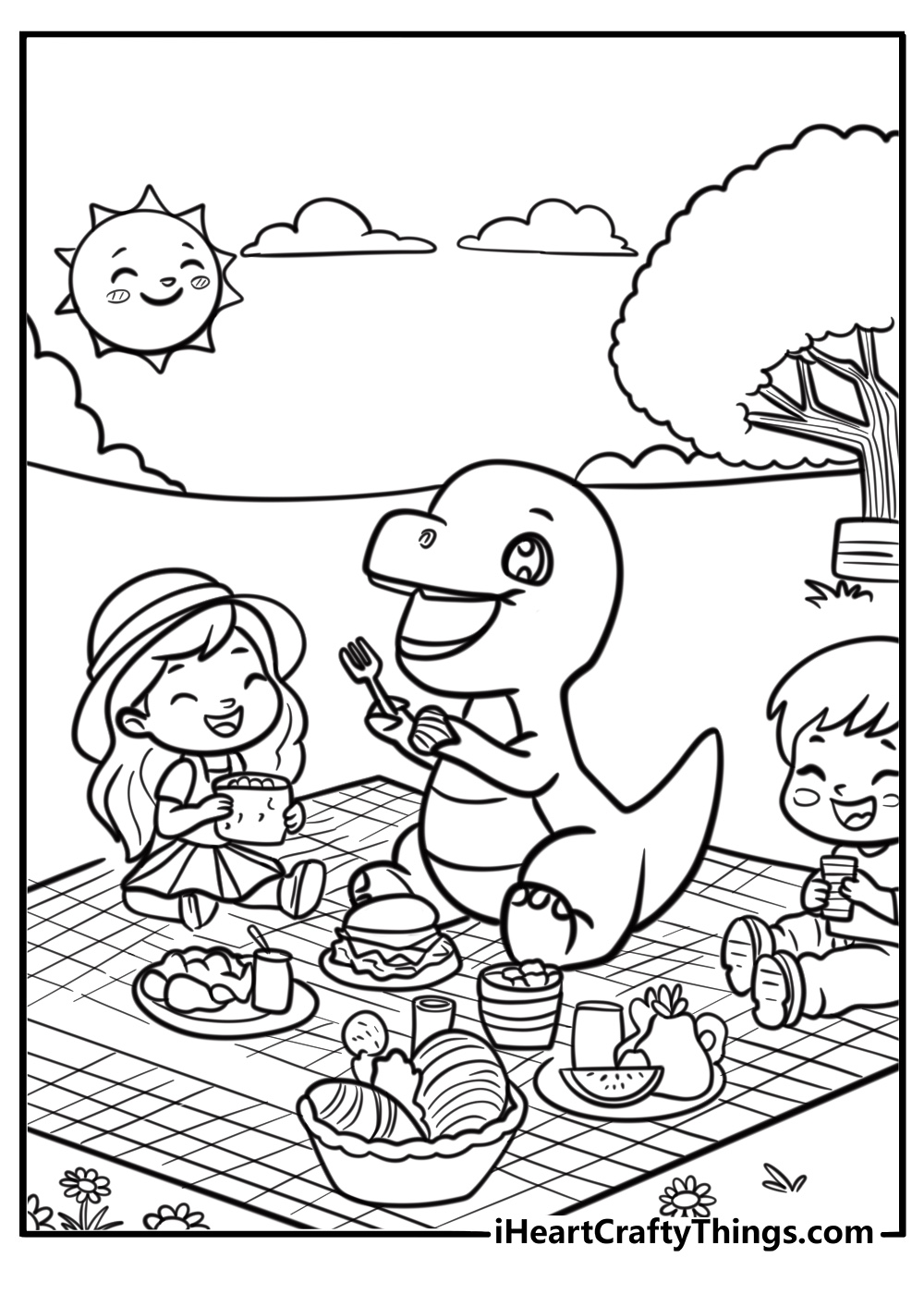 Barney and friends having a picnic detailed coloring sheet