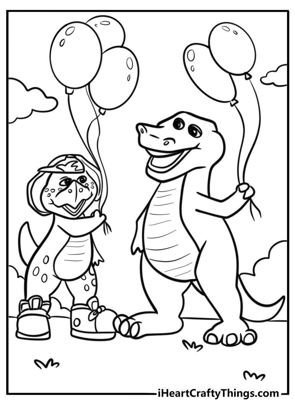 Barney and friends holding colorful balloons fun coloring sheet