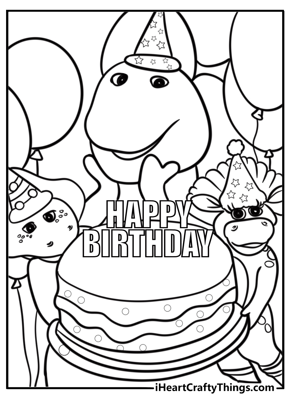 Barney celebrating a birthday with cake free coloring page pdf