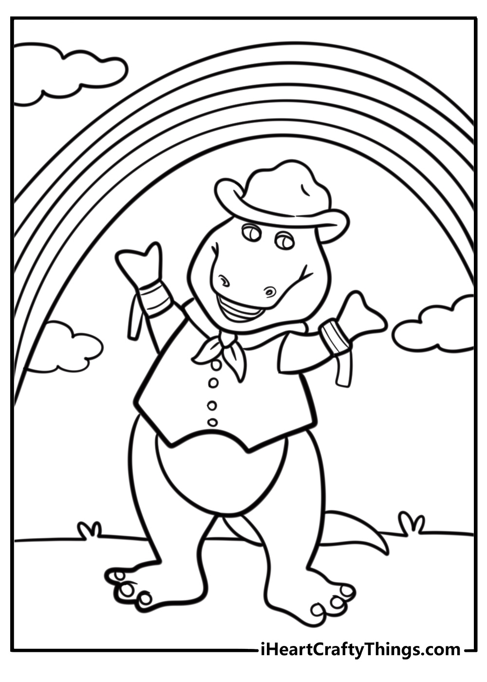 Barney dancing under a rainbow coloring page for kids