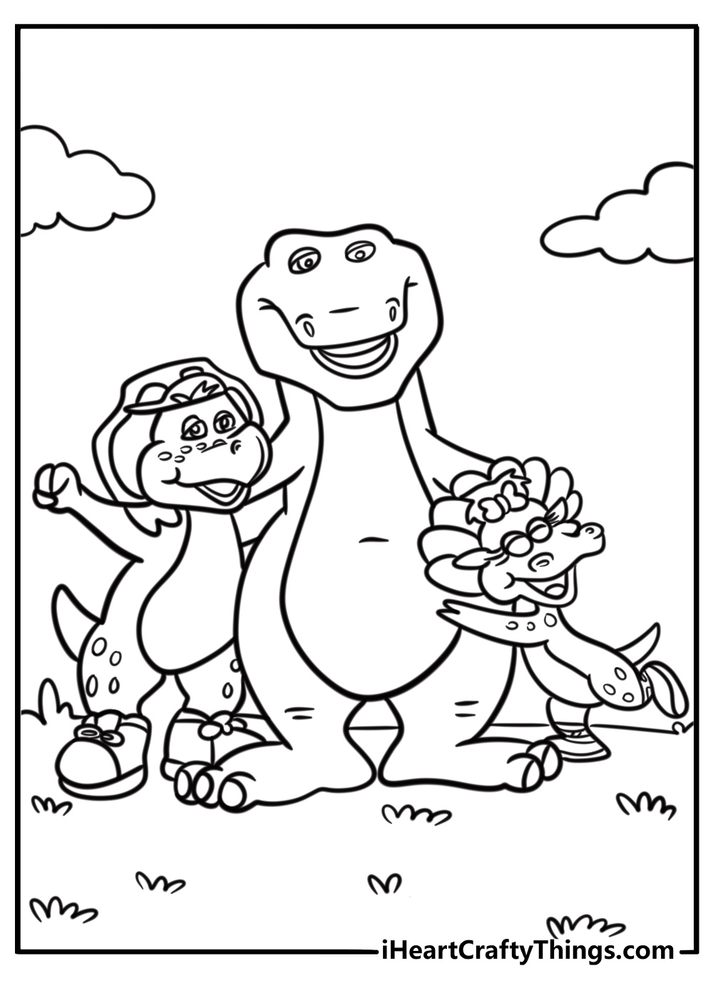 Barney hugging Baby Bop and BJ detailed coloring sheet