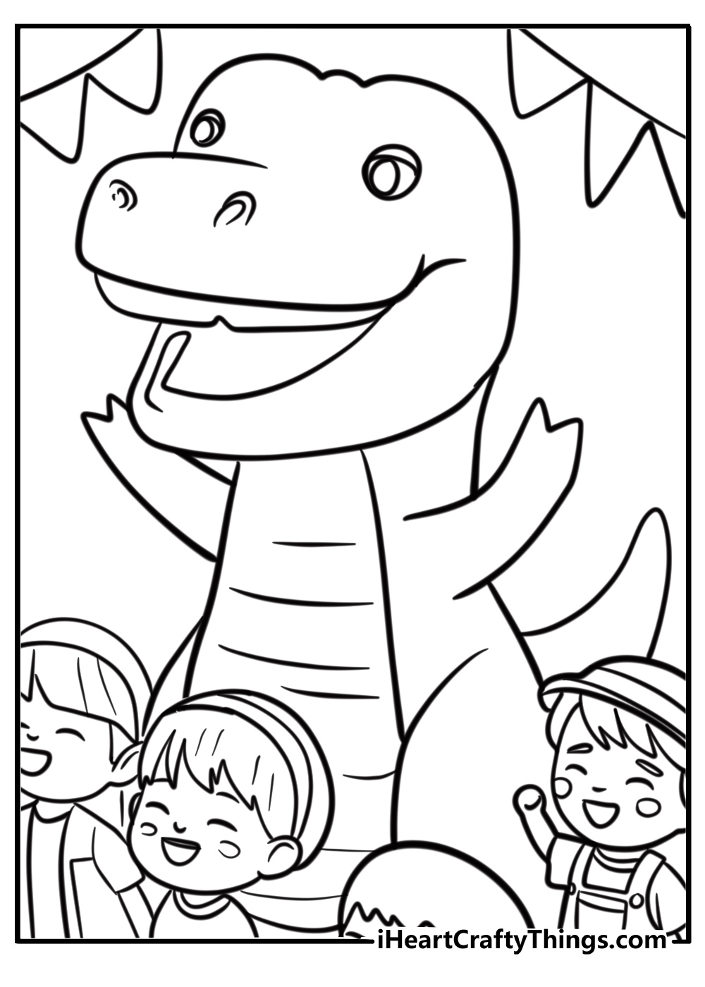 Barney leading a parade with kids fun printable coloring sheet