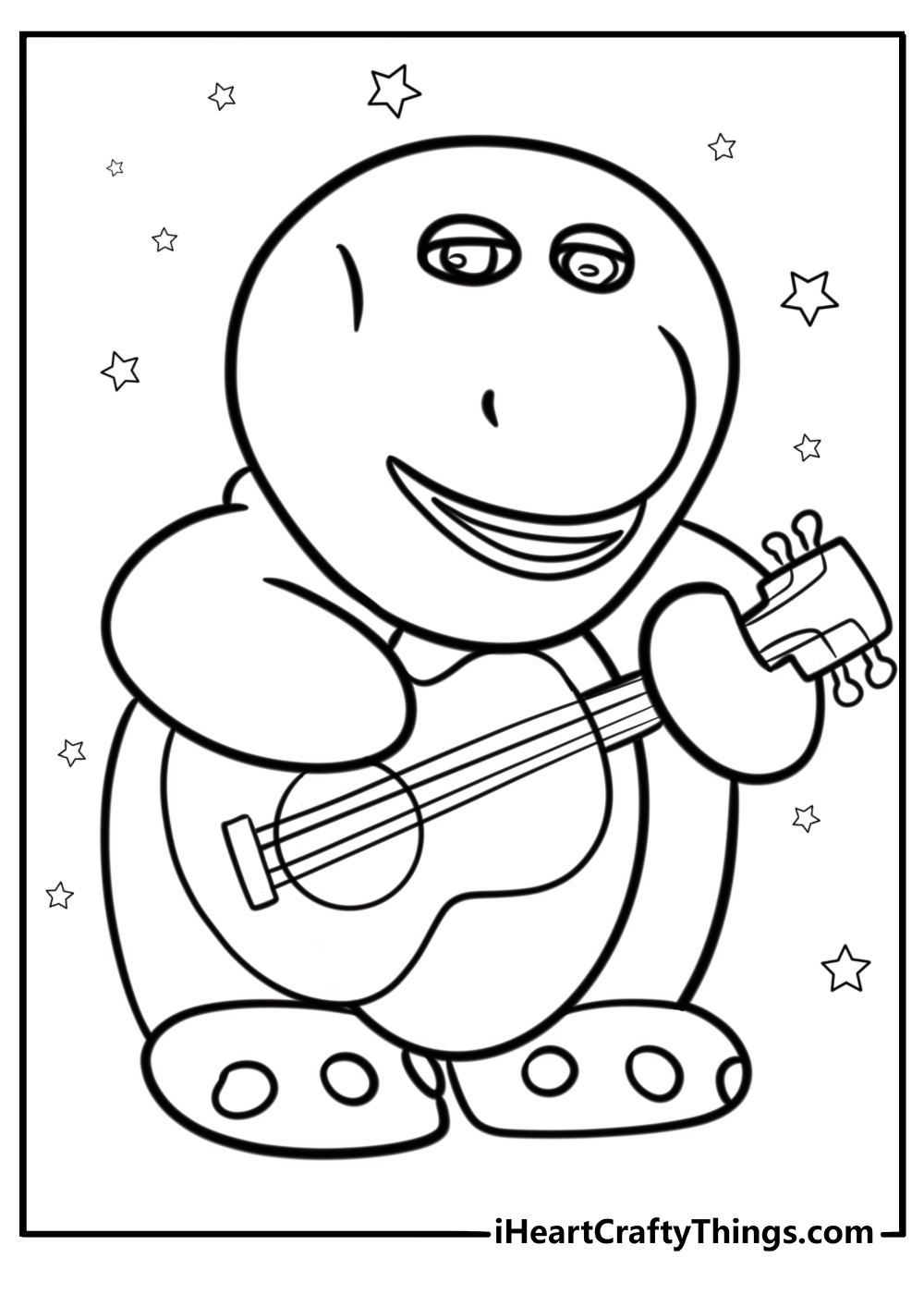 Barney playing a guitar at a party free printable coloring page