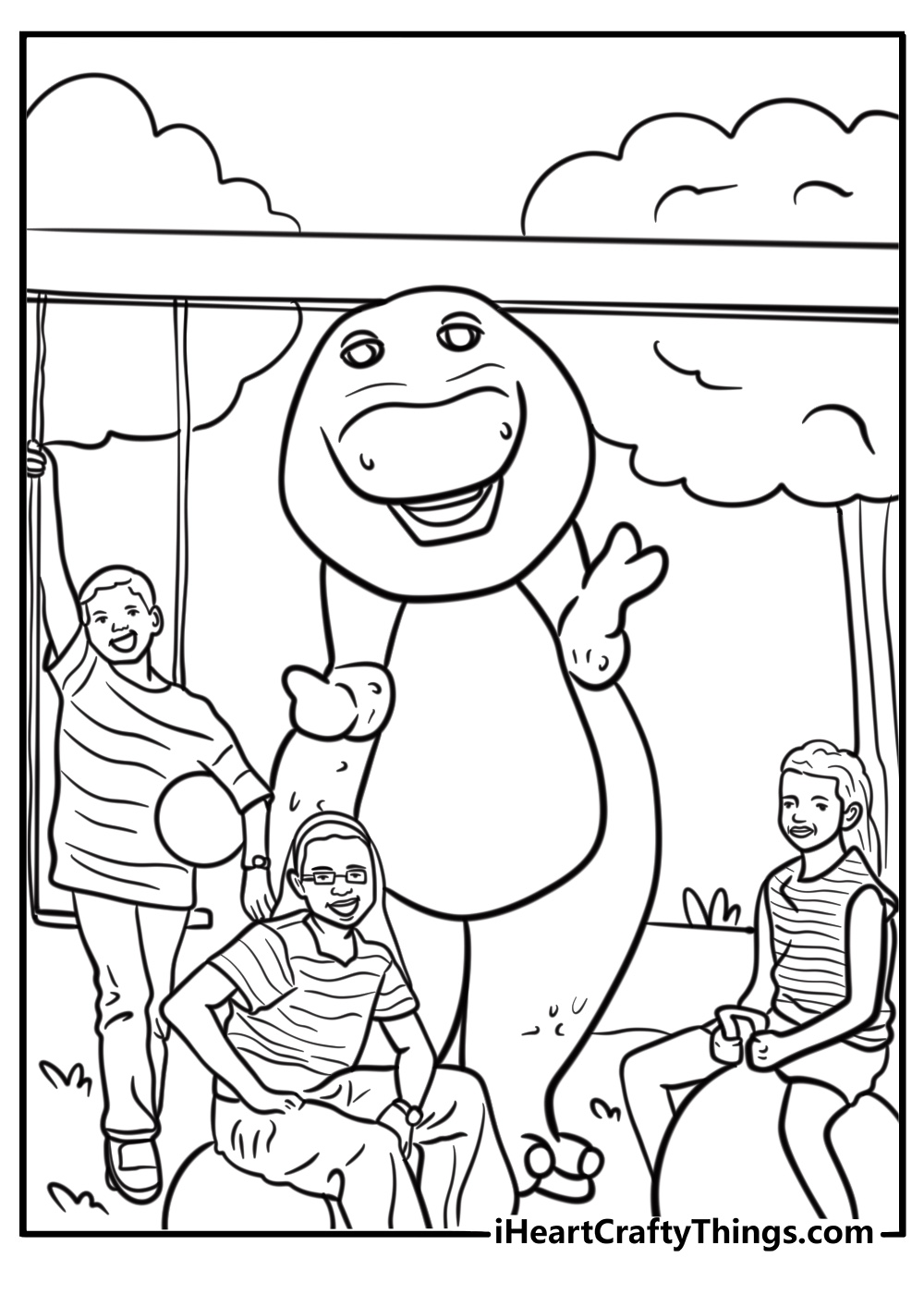 Barney playing with kids at the park coloring page