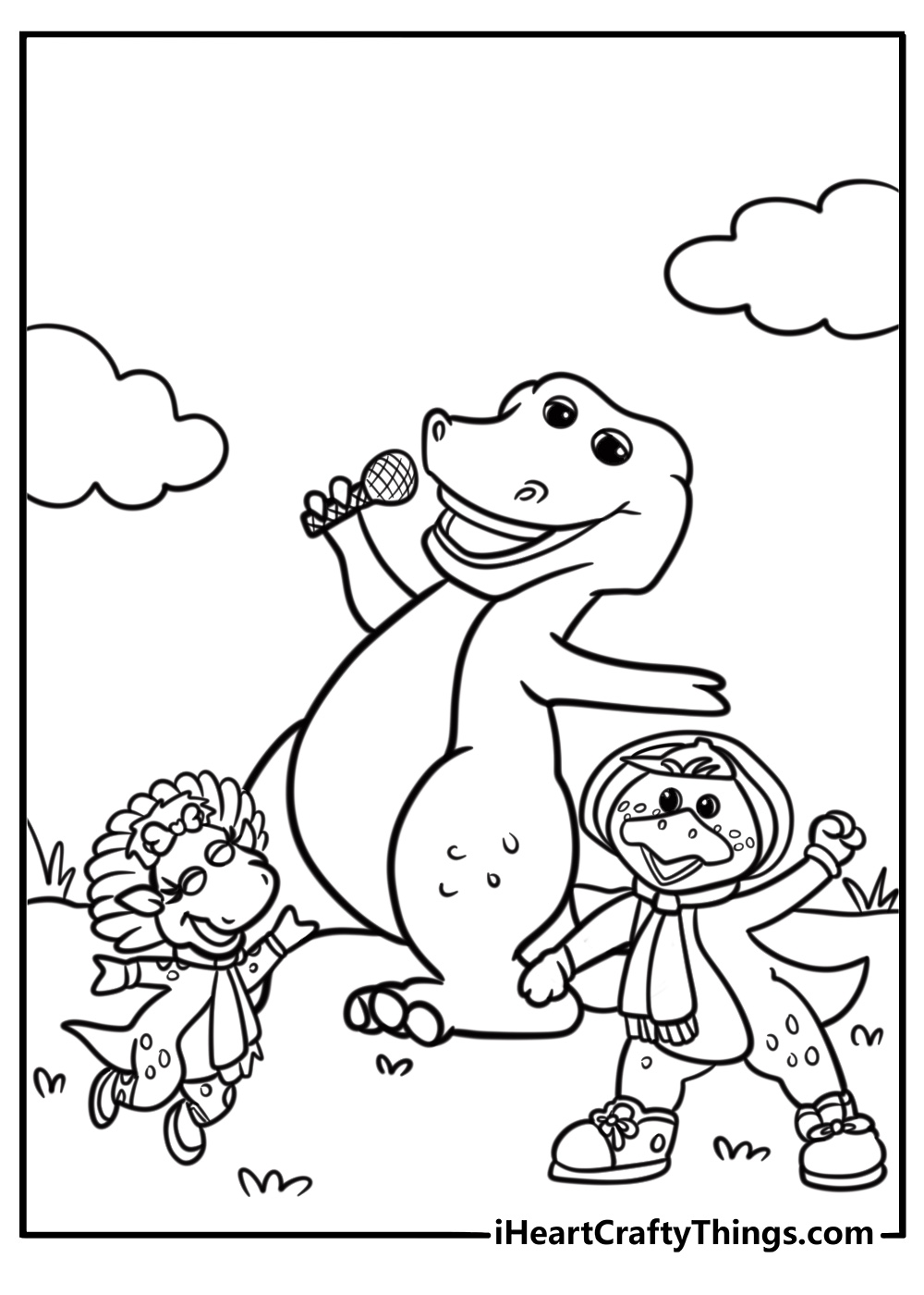 Barney singing with his friends fun coloring sheet