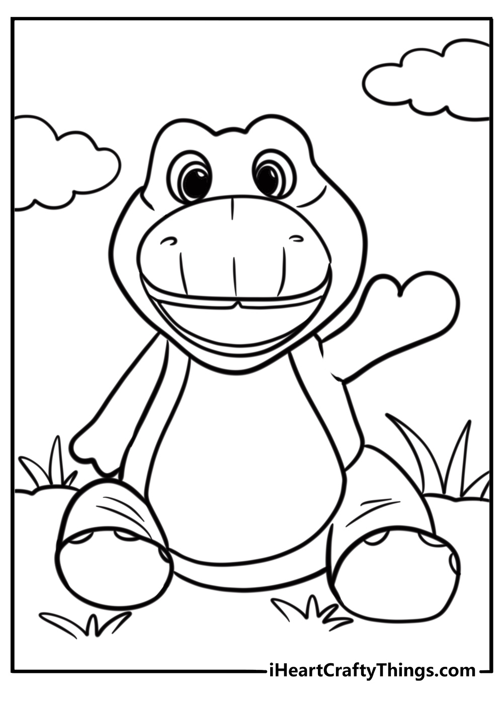 Barney the dinosaur smiling and waving coloring page for kids