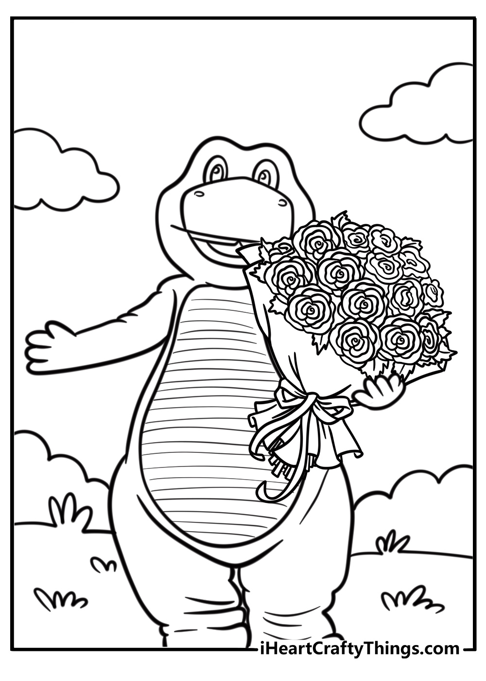 Barney with a bunch of flowers free printable coloring page