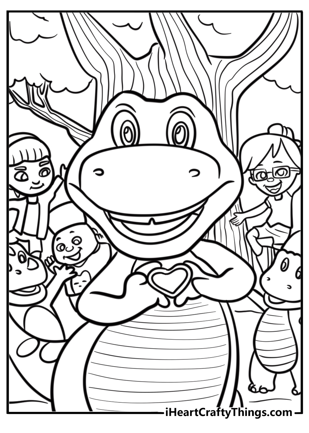 Barney with a group of smiling children printable coloring page