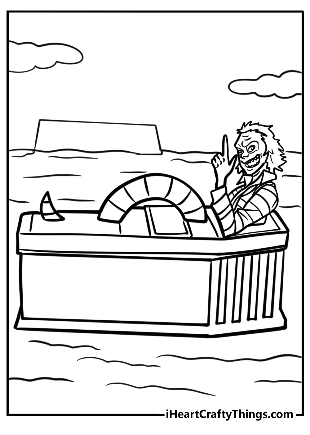 Beetlejuice popping out of a coffin coloring page