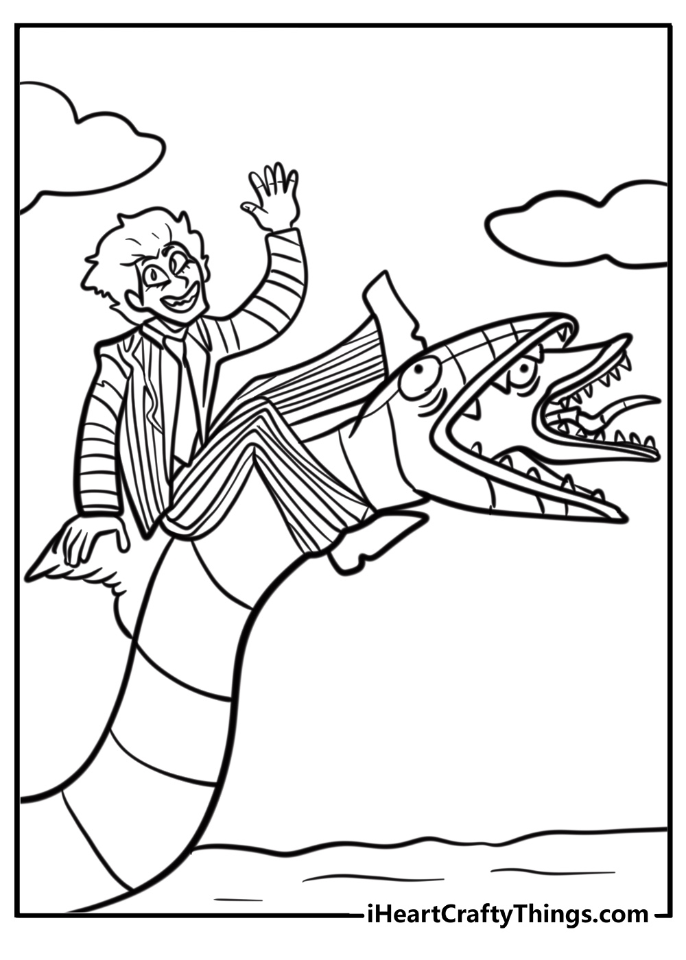 Beetlejuice riding a sandworm fun beetlejuice coloring sheet