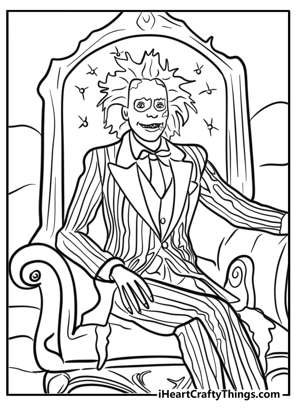 Beetlejuice sitting on his throne free printable coloring page