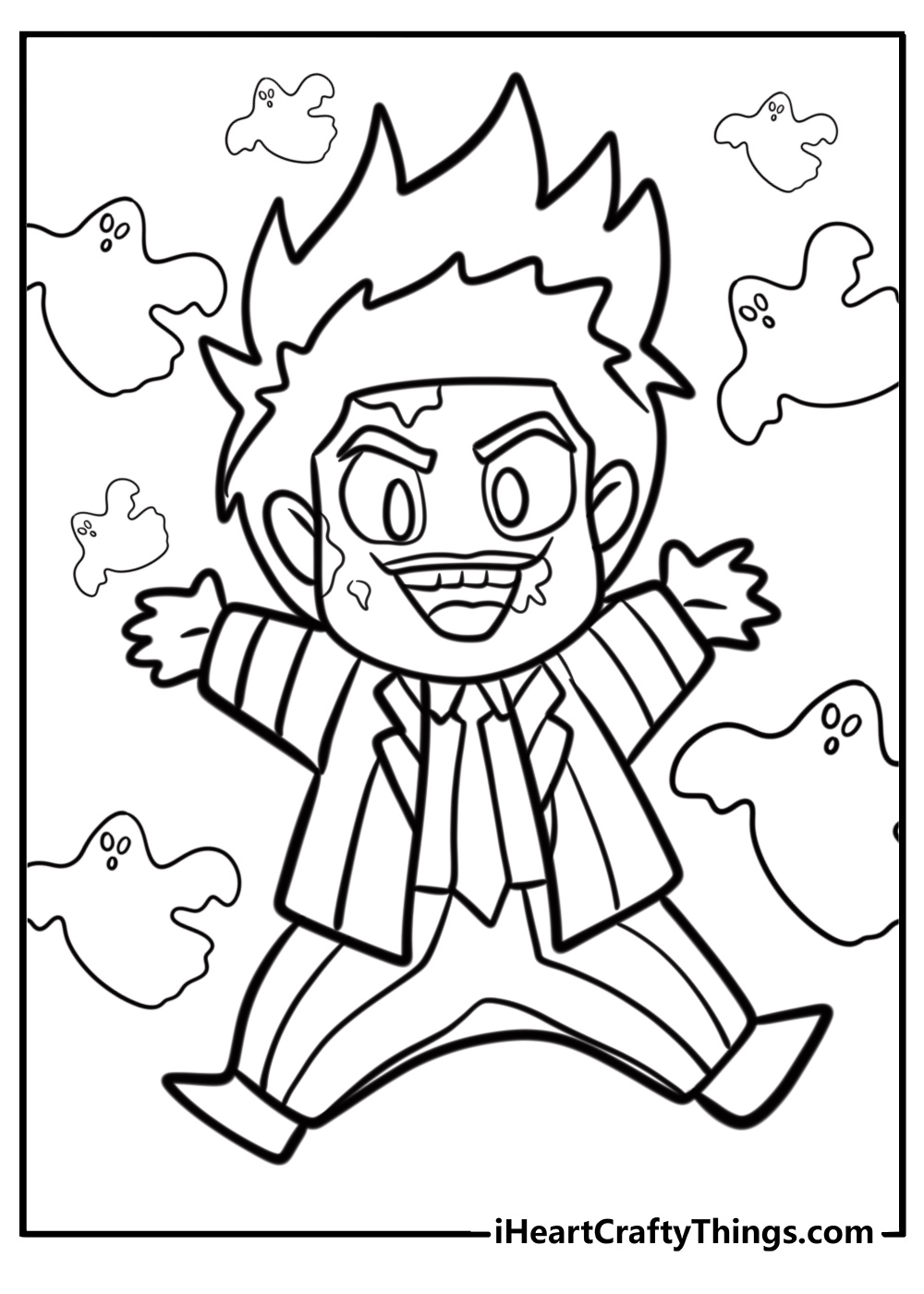 Beetlejuice surrounded by ghosts detailed coloring sheet