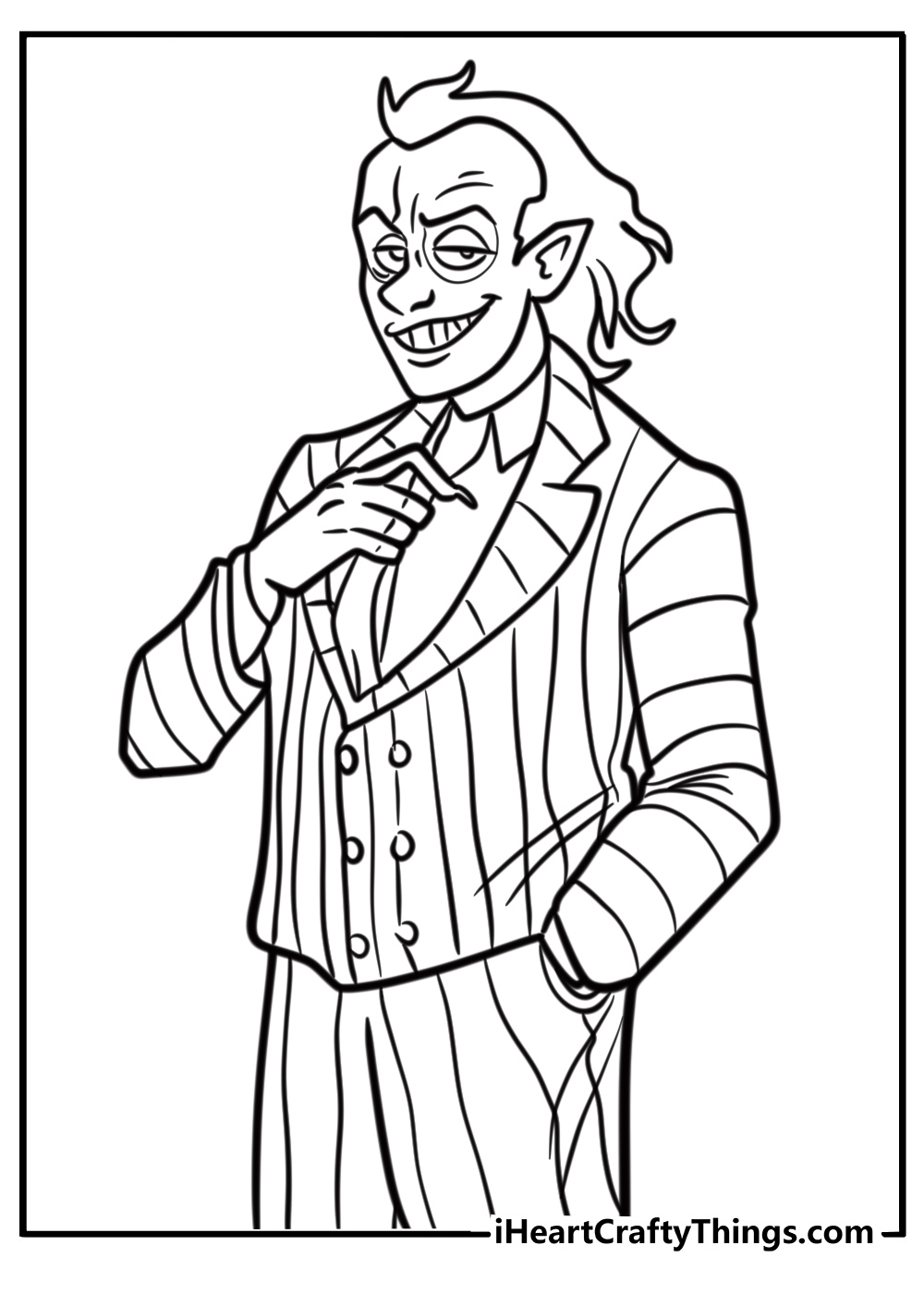 Beetlejuice with his iconic creepy smile coloring page