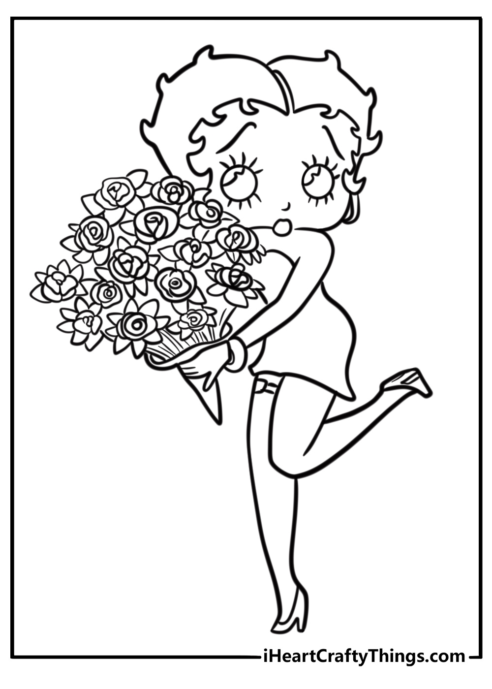 Betty Boop holding a bouquet of flowers fun coloring sheet