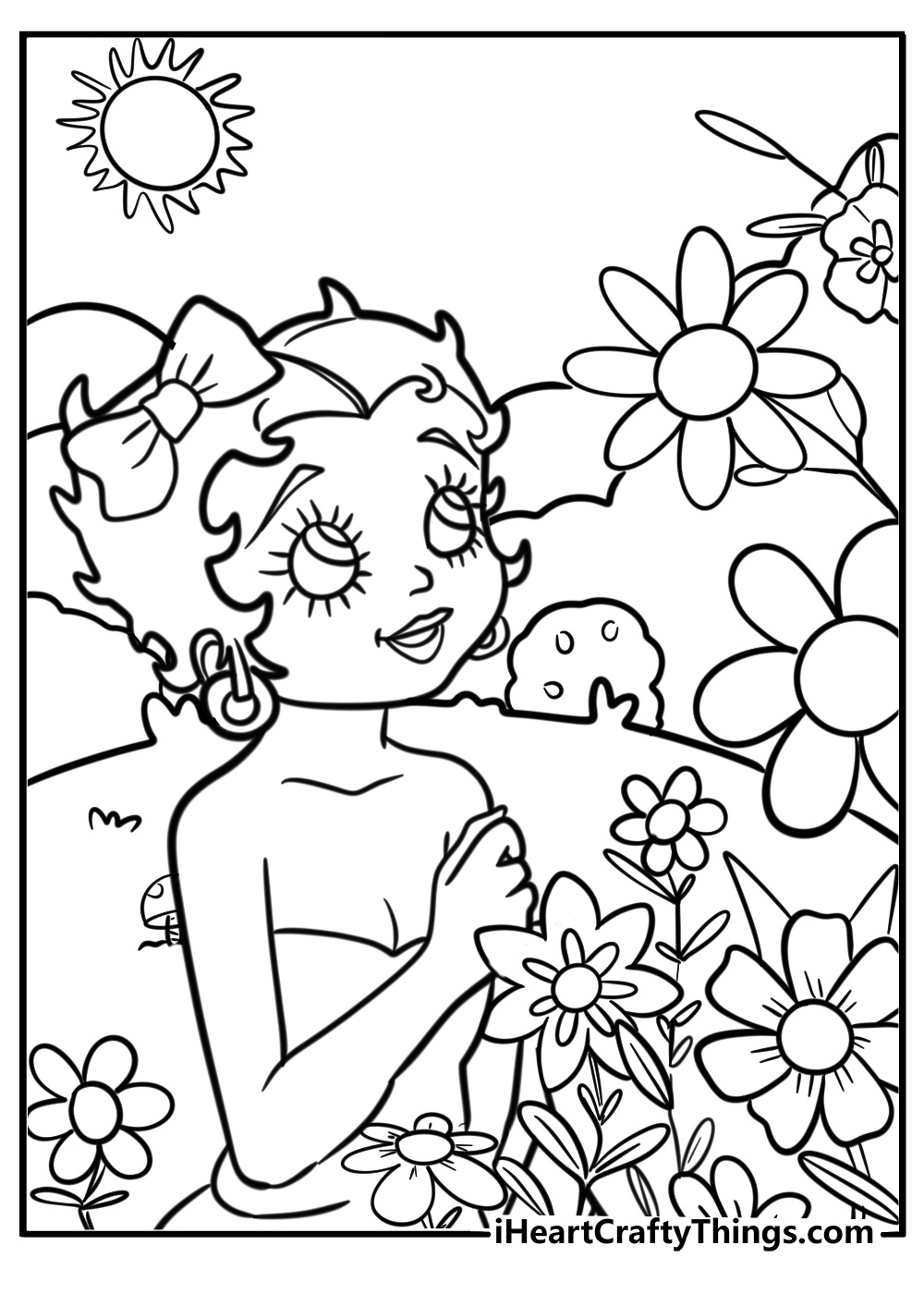 Betty Boop in a romantic garden setting coloring page