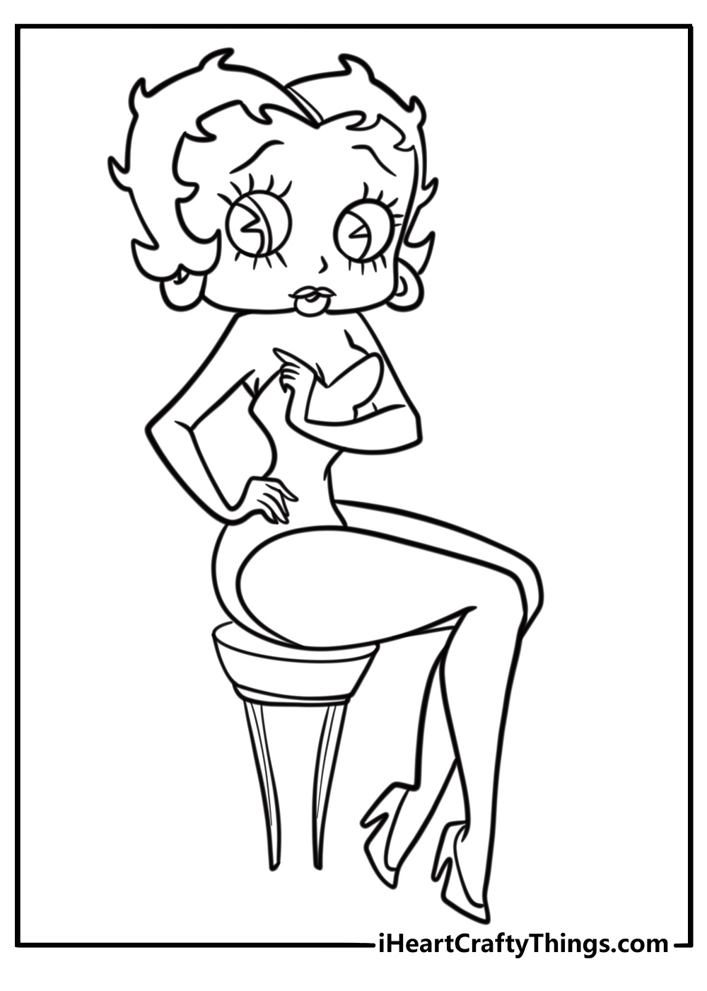 Betty Boop sitting on a chair with a glamorous pose coloring sheet