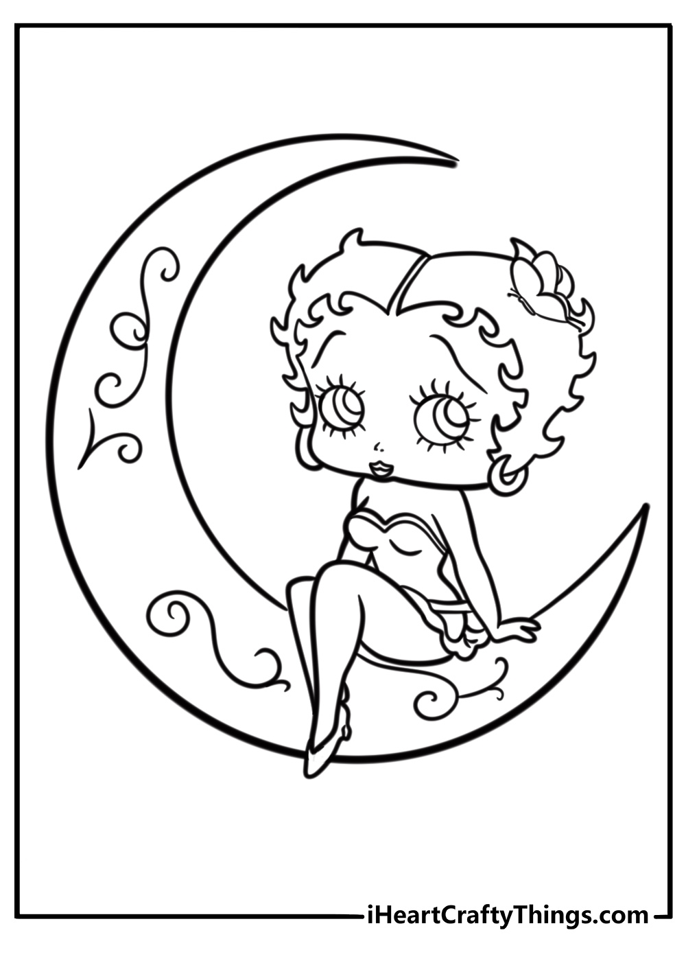 Betty Boop sitting on a crescent moon fun coloring page