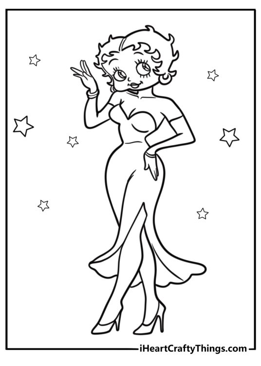 Betty Boop smiling in her classic dress coloring page