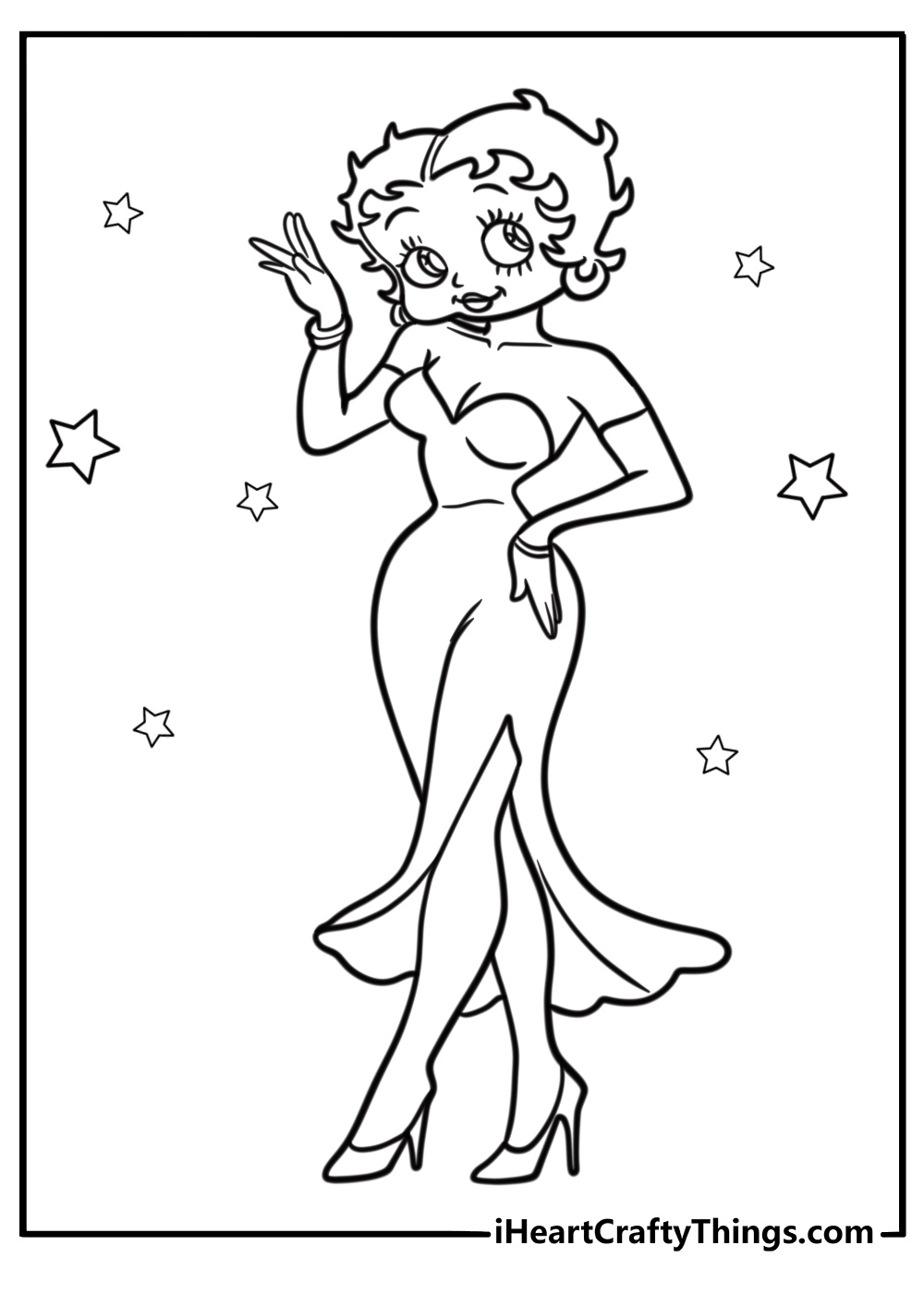 Betty Boop smiling in her classic dress coloring page