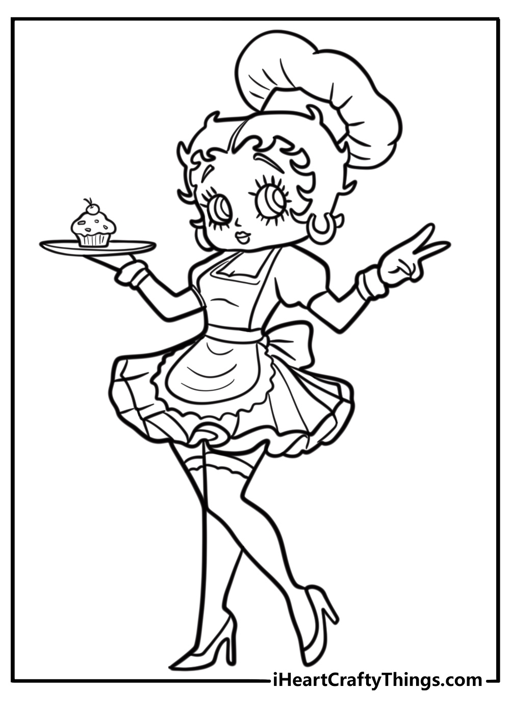 Betty Boop wearing a chefs hat and holding a pie coloring page