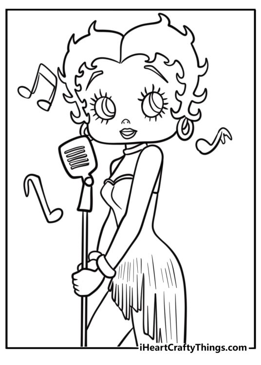Betty Boop with musical notes and a microphone coloring page