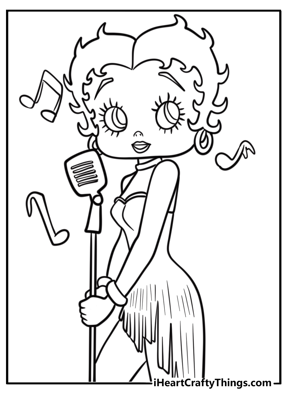 Betty Boop with musical notes and a microphone coloring page