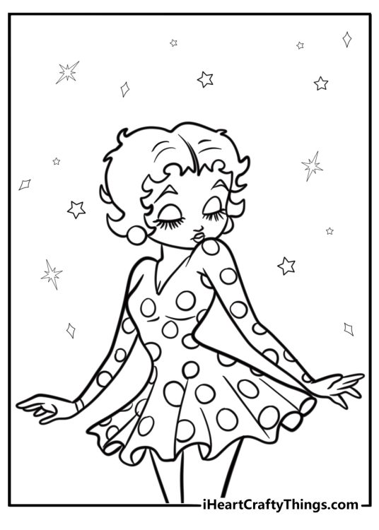 Betty Boop with sparkles and stars background coloring page