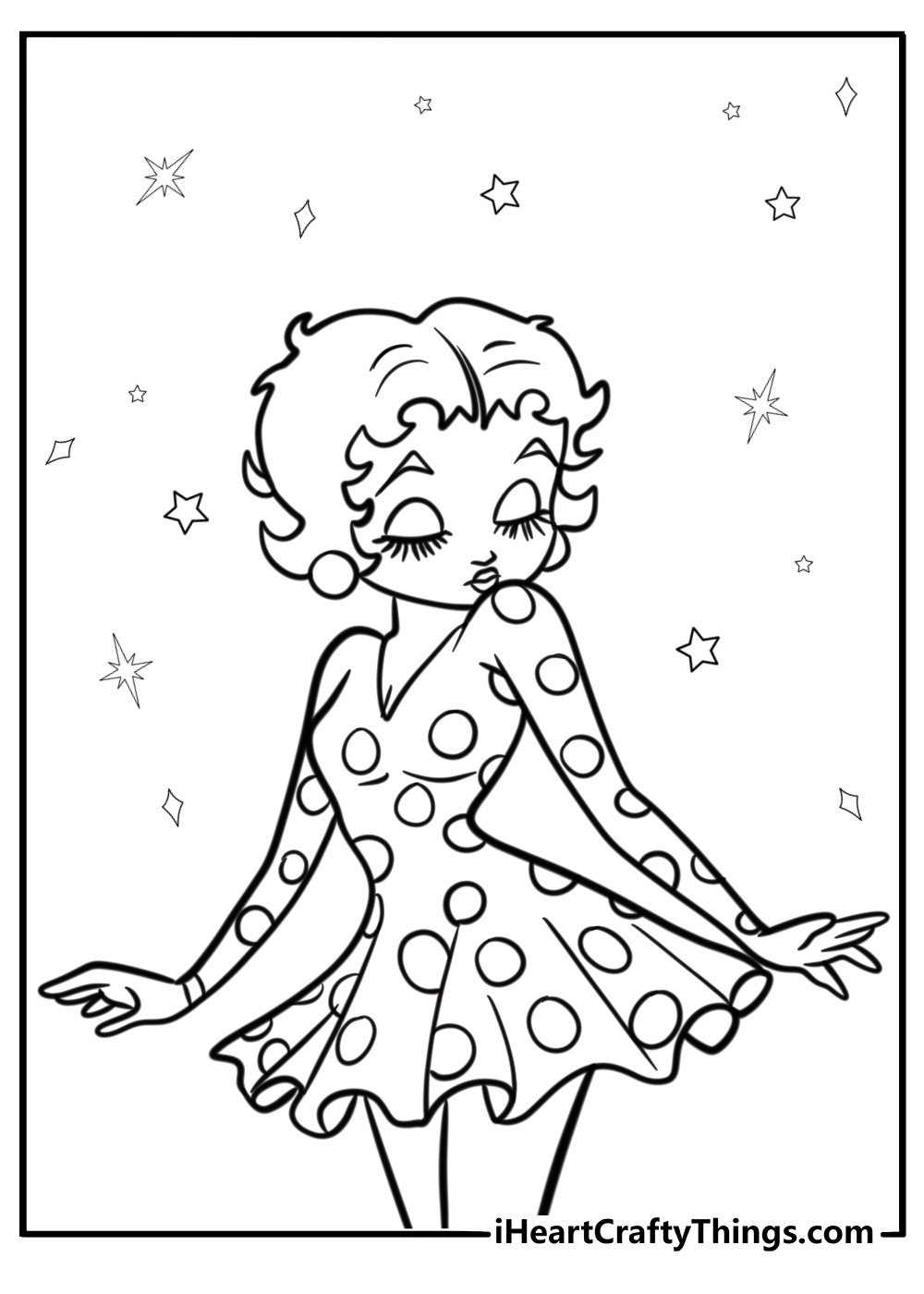 Betty Boop with sparkles and stars background coloring page