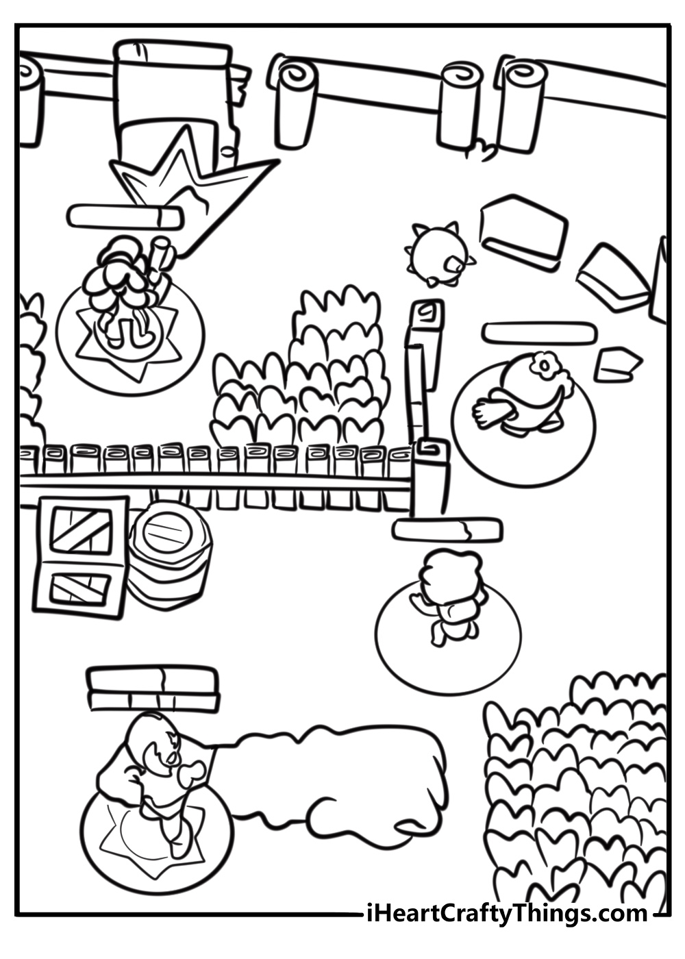 Brawl stars showdown map with items and characters coloring page