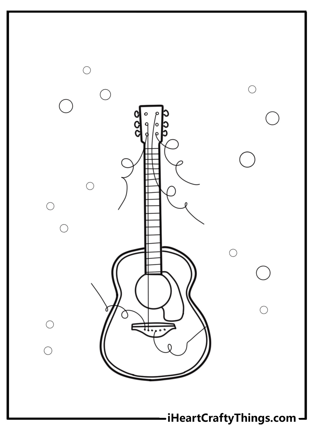 Broken guitar with missing strings free coloring page pdf