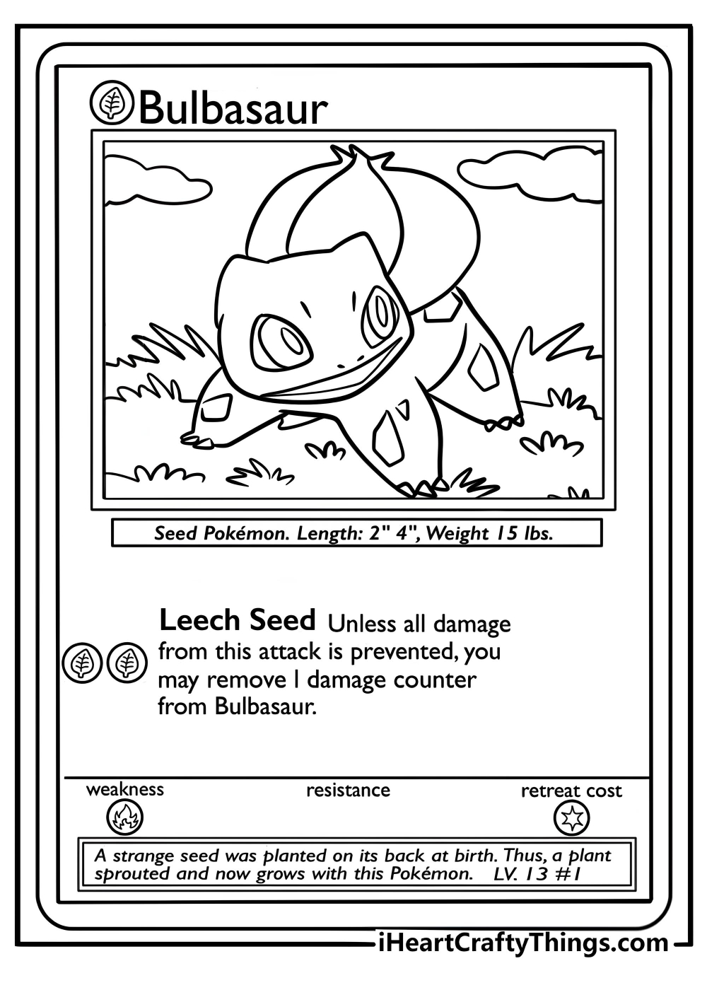 Bulbasaur pokemon card featuring vines free printable page