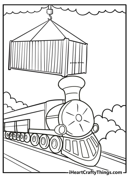 Cargo train at a loading station printable coloring page