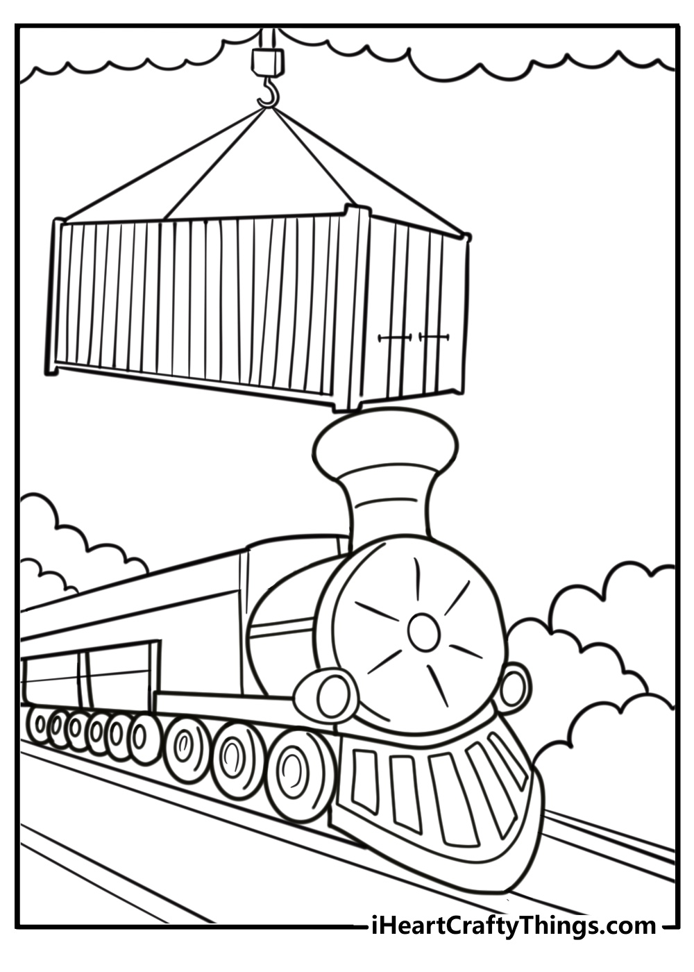 Cargo train at a loading station printable coloring page