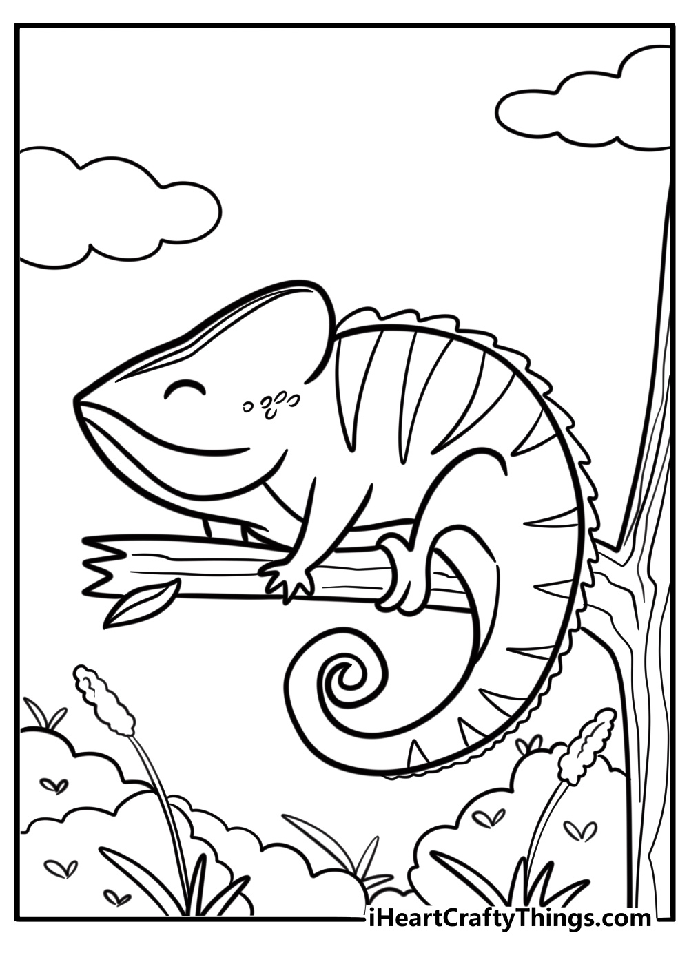 Cartoon chameleon with a happy expression fun coloring sheet