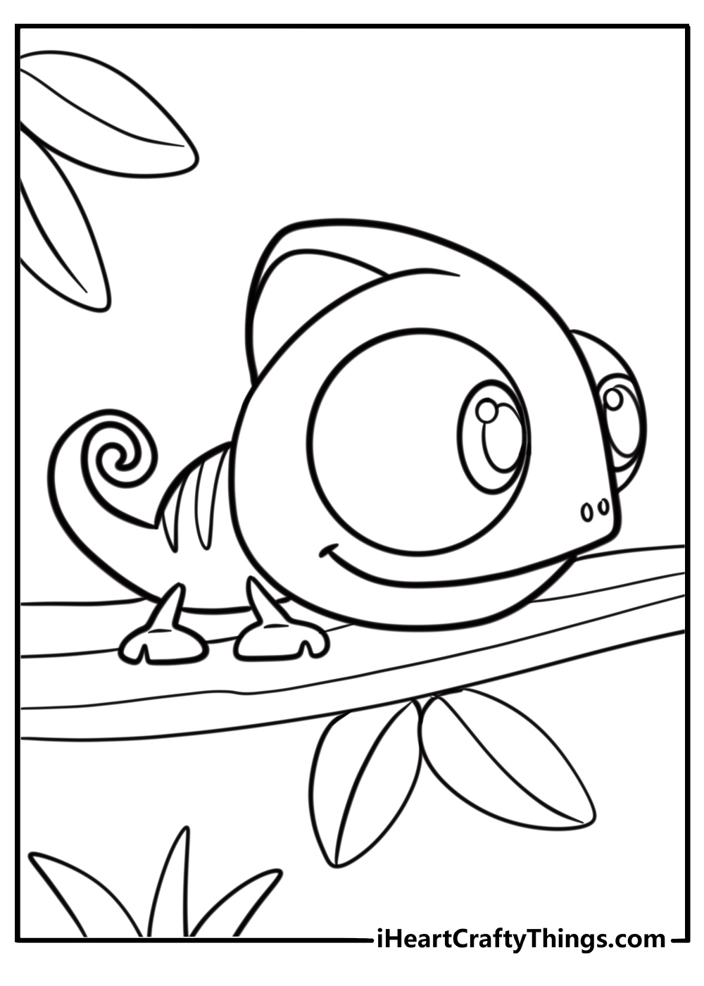 Cartoon chameleon with big eyes detailed coloring sheet