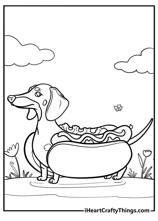 Cartoon dachshund in a hot dog costume coloring page