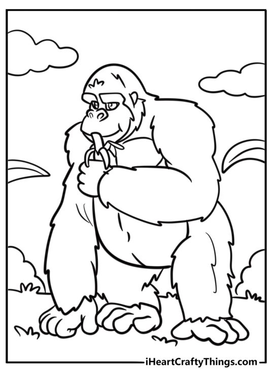 Cartoon gorilla eating fruit fun coloring sheet for kids